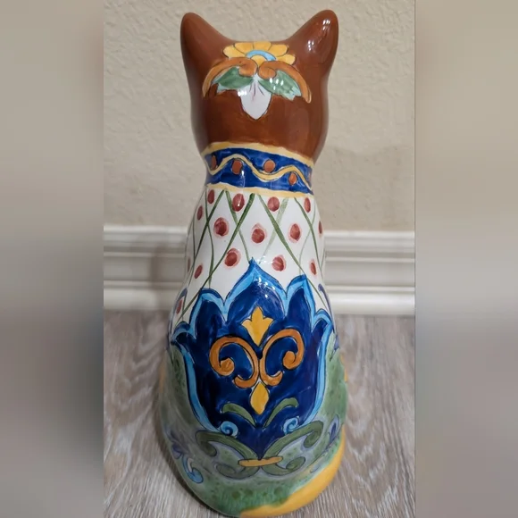 Vibrant Hand Painted Ceramic Cat Figurine - Picture 4 of 6